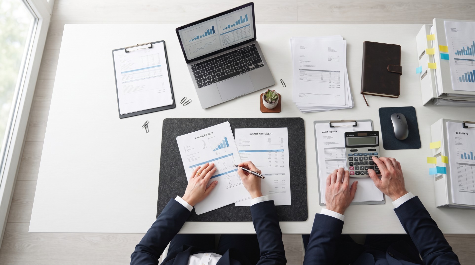 Accounting documents, calculator, and financial reports on a desk