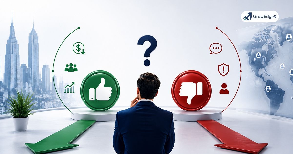 Pros and cons of outsourcing for US businesses in 2026 illustrated with business team managing outsourced operations