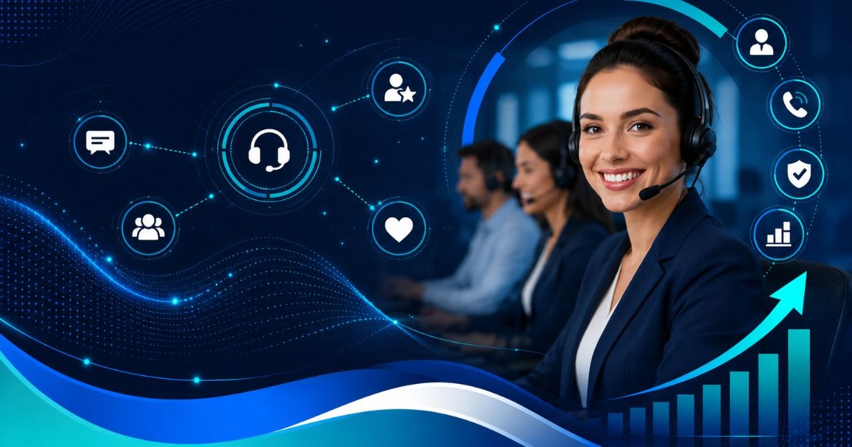 Call center customer service team handling support calls with professional agents at GrowEdgeX Plano