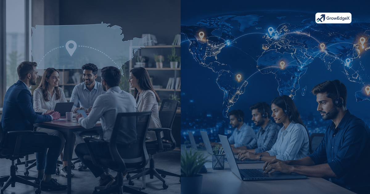 Difference between outsourcing and offshoring - business professionals comparing global outsourcing strategies, GrowEdgeX