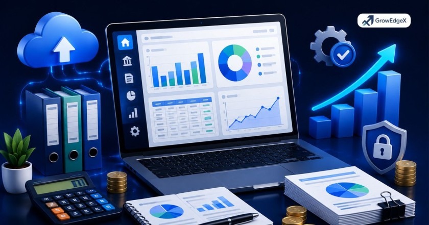 Modern bookkeeping software dashboard showing automated expense tracking, financial reports, and real-time cash flow management for small businesses in the US