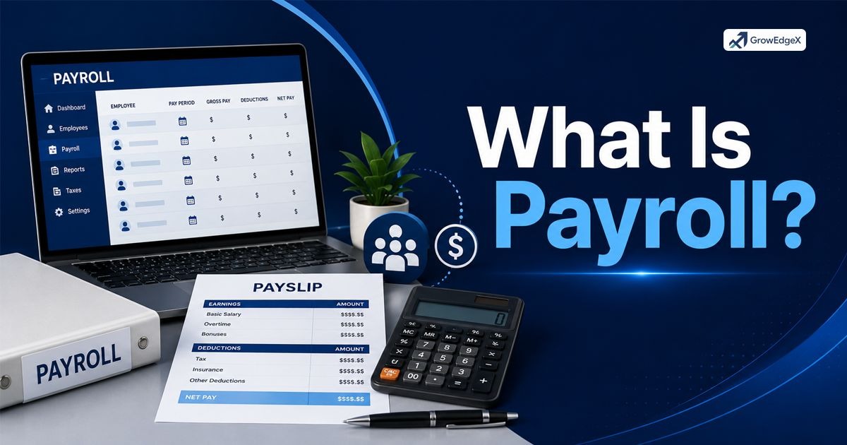 Payroll process illustration showing employee wage calculation, payroll taxes, deductions, and automation by GrowEdgeX payroll services