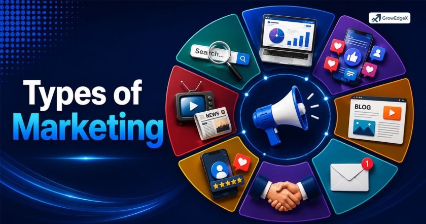 25 types of marketing for business growth in Plano Texas including digital, B2B, B2C, social media, content and local marketing by GrowEdgeX